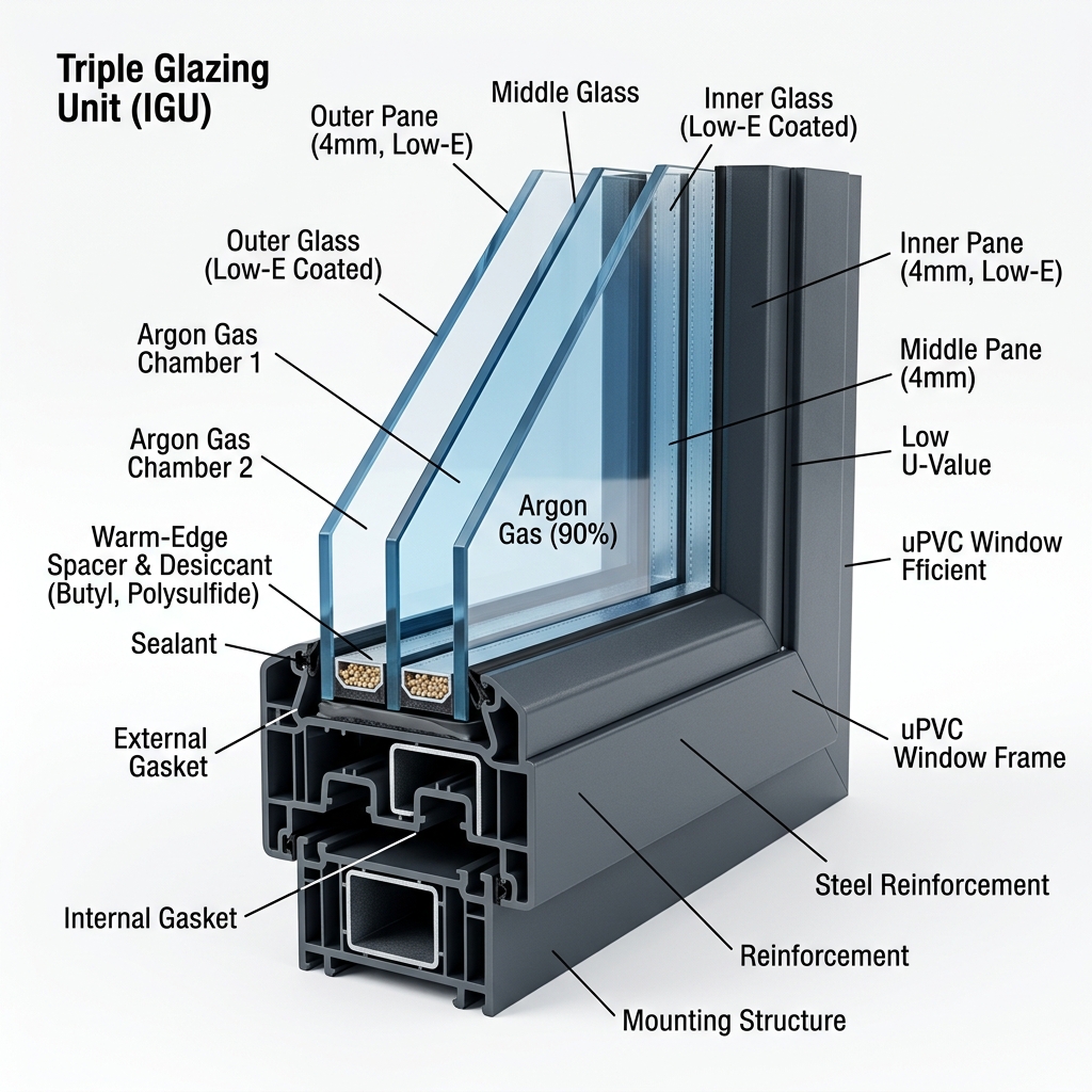 Coupe transversale d'un triple vitrage avec chambres de gaz argon et profilé PVC